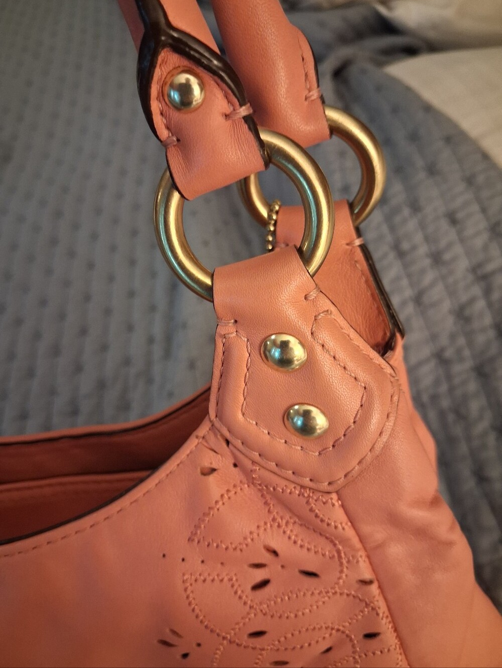 Coach Coral Laser-Cut Leather Shoulder Bag with Gold Hardware - Picture 6 of 16